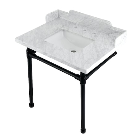 Kingston Brass 30 Carrara Marble Console Sink with Stainless Steel Legs, Marble WhiteMatte Black LMS30M8SQ0ST